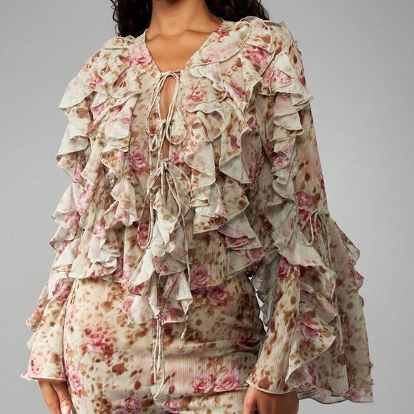Multicolor Boho Women's Floral Ruffled Chiffon Long Sleeve Tie Front blouse - Picture 1 of 6